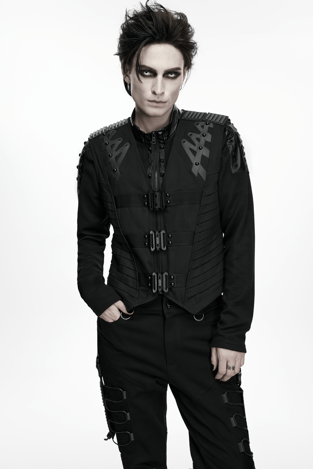 Gothic Punk Warrior Vest with Armor Shoulder Details, black industrial zip-front vest with metal buckles and futuristic panels