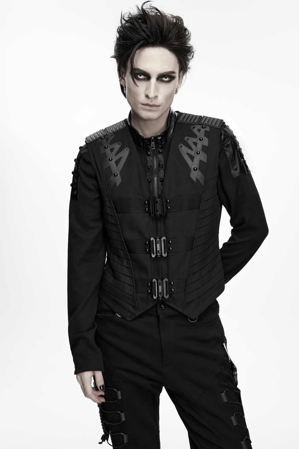 Gothic Punk Warrior Vest with Armor Shoulder Details, black industrial vest with buckles, zip front, and armor-inspired shoulders