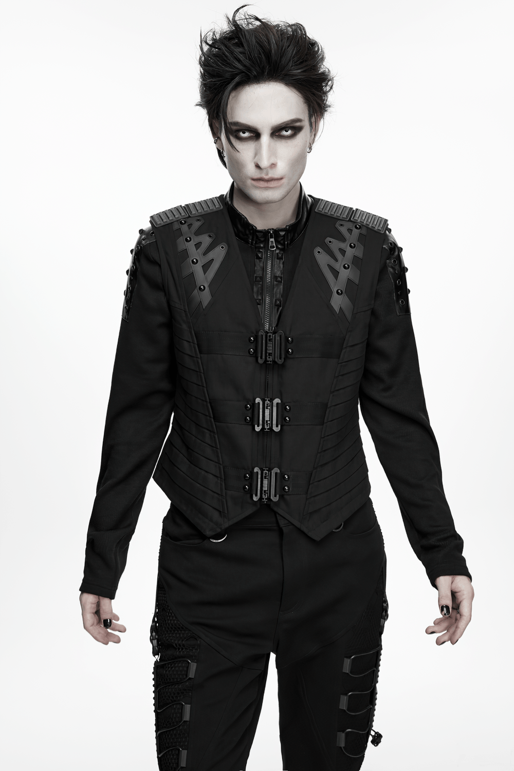 Gothic Punk Warrior Vest with Armor Shoulder Details, black industrial buckles and zip front, futuristic gothic style