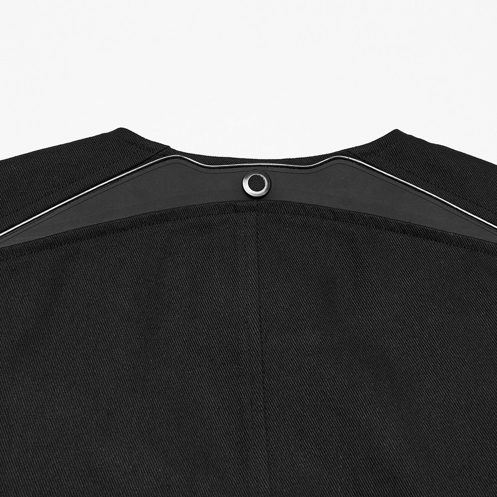 Gothic Punk Warrior Vest with Armor Shoulder Details, black twill and futuristic shoulder panel close-up