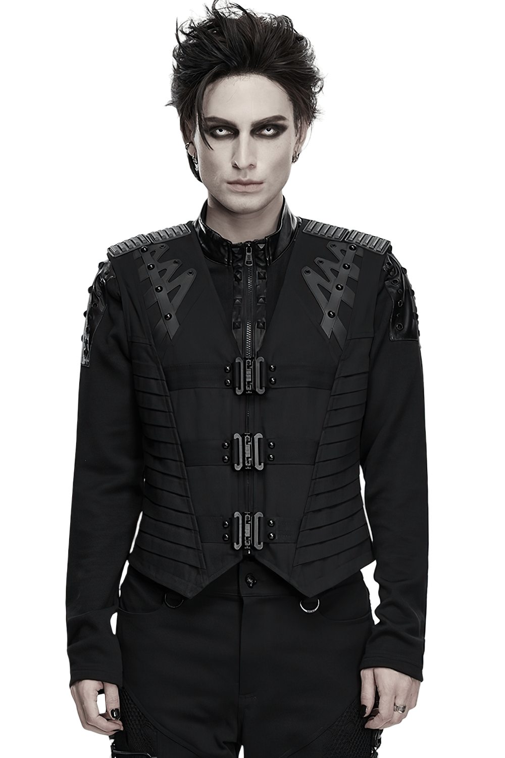 Gothic Punk Warrior Vest with Armor Shoulder Details, black industrial buckles and zip front for edgy futuristic style