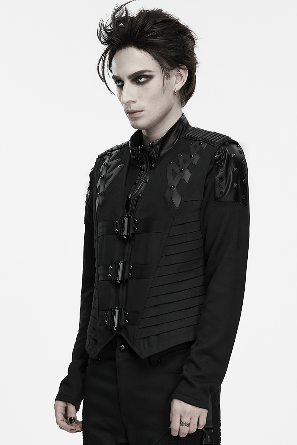 Gothic Punk Warrior Vest with Armor Shoulder Details, black industrial buckles, zip front, and futuristic gothic styling