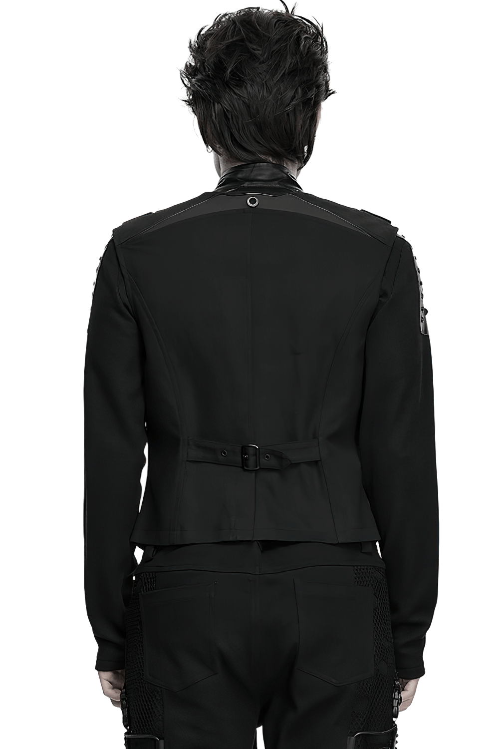 Gothic Punk Warrior Vest with Armor Shoulder Details, black back view with buckles and zip front
