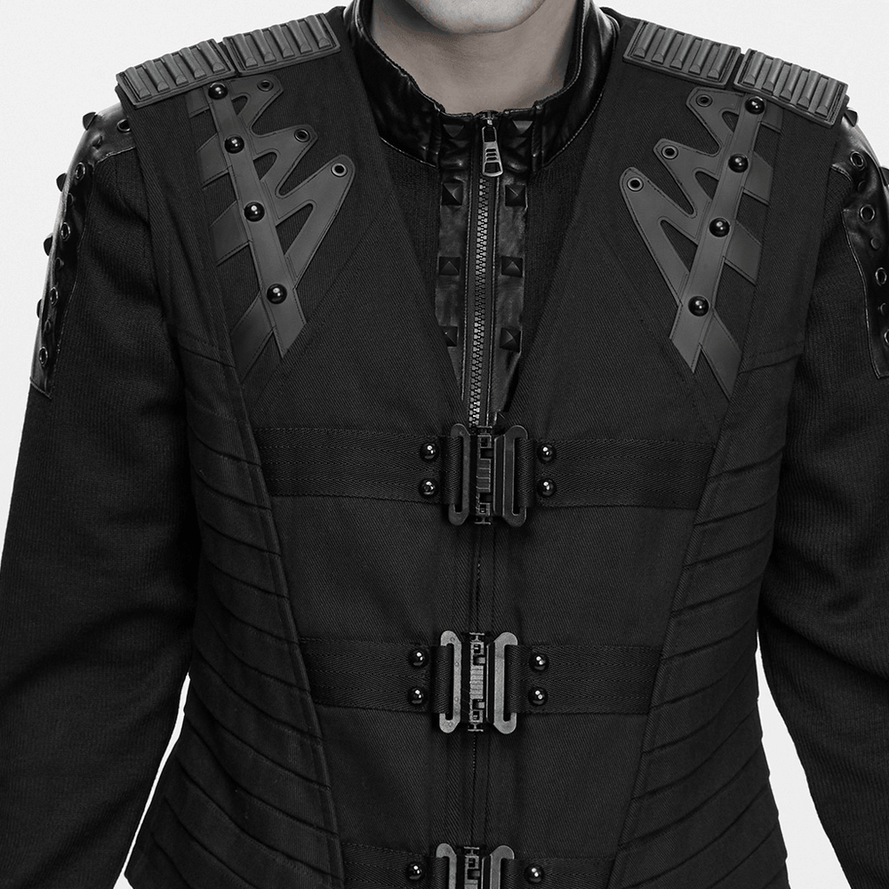 Gothic Punk Warrior Vest with Armor Shoulder Details, black industrial vest with buckles, zip front and futuristic shoulder panels
