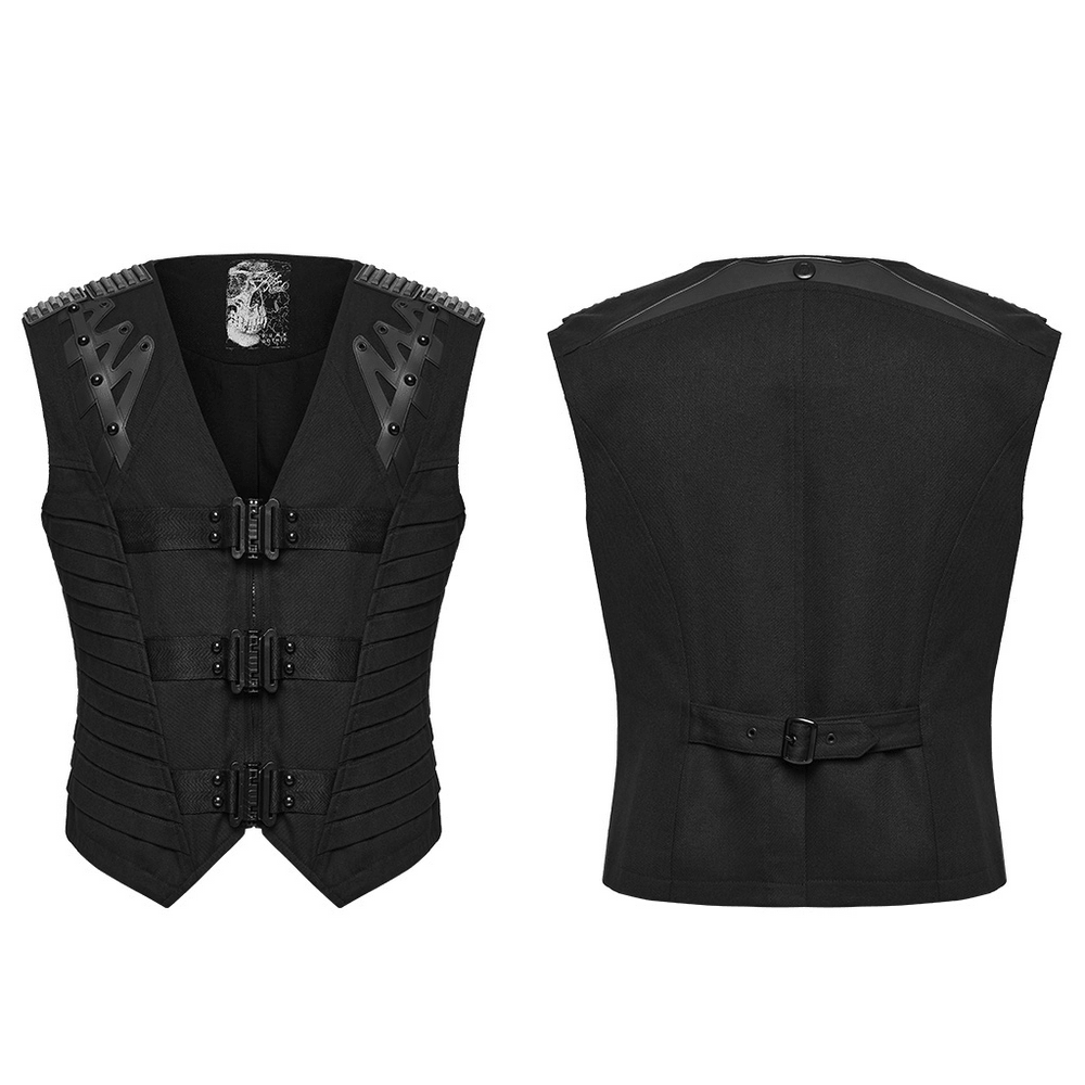 Gothic Punk Warrior Vest with Armor Shoulder Details, black punk vest with buckles, zip front and armor-inspired shoulders