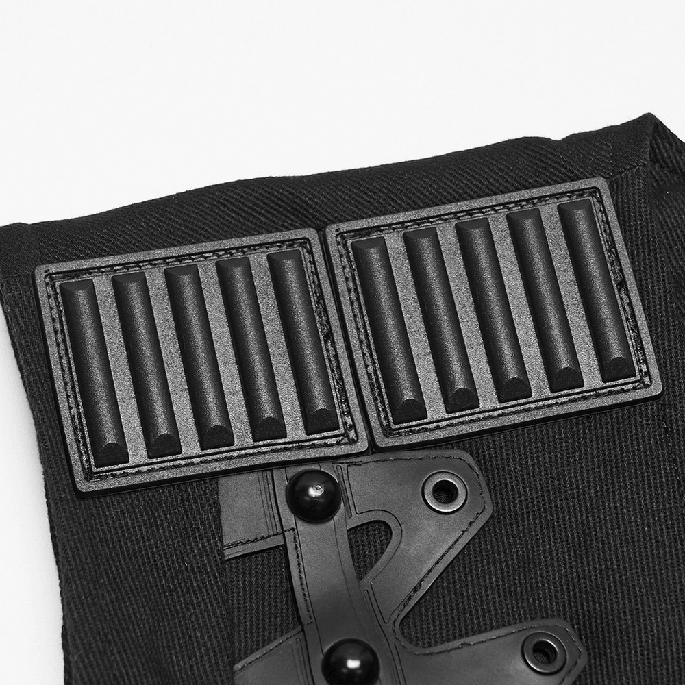 Gothic Punk Warrior Vest with Armor Shoulder Details, black industrial buckle detail on structured twill fabric