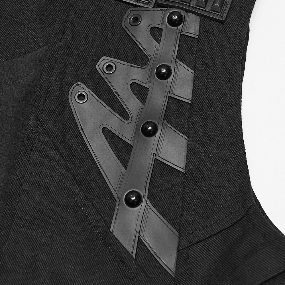 Gothic Punk Warrior Vest with Armor Shoulder Details, black twill vest with industrial buckles and geometric armor panels