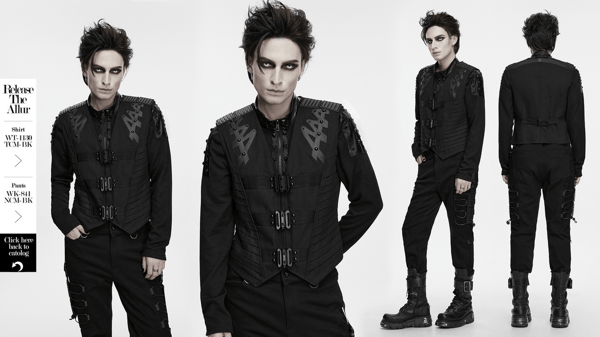 Gothic Punk Warrior Vest with Armor Shoulder Details, black industrial zip-front vest with buckles and futuristic panels