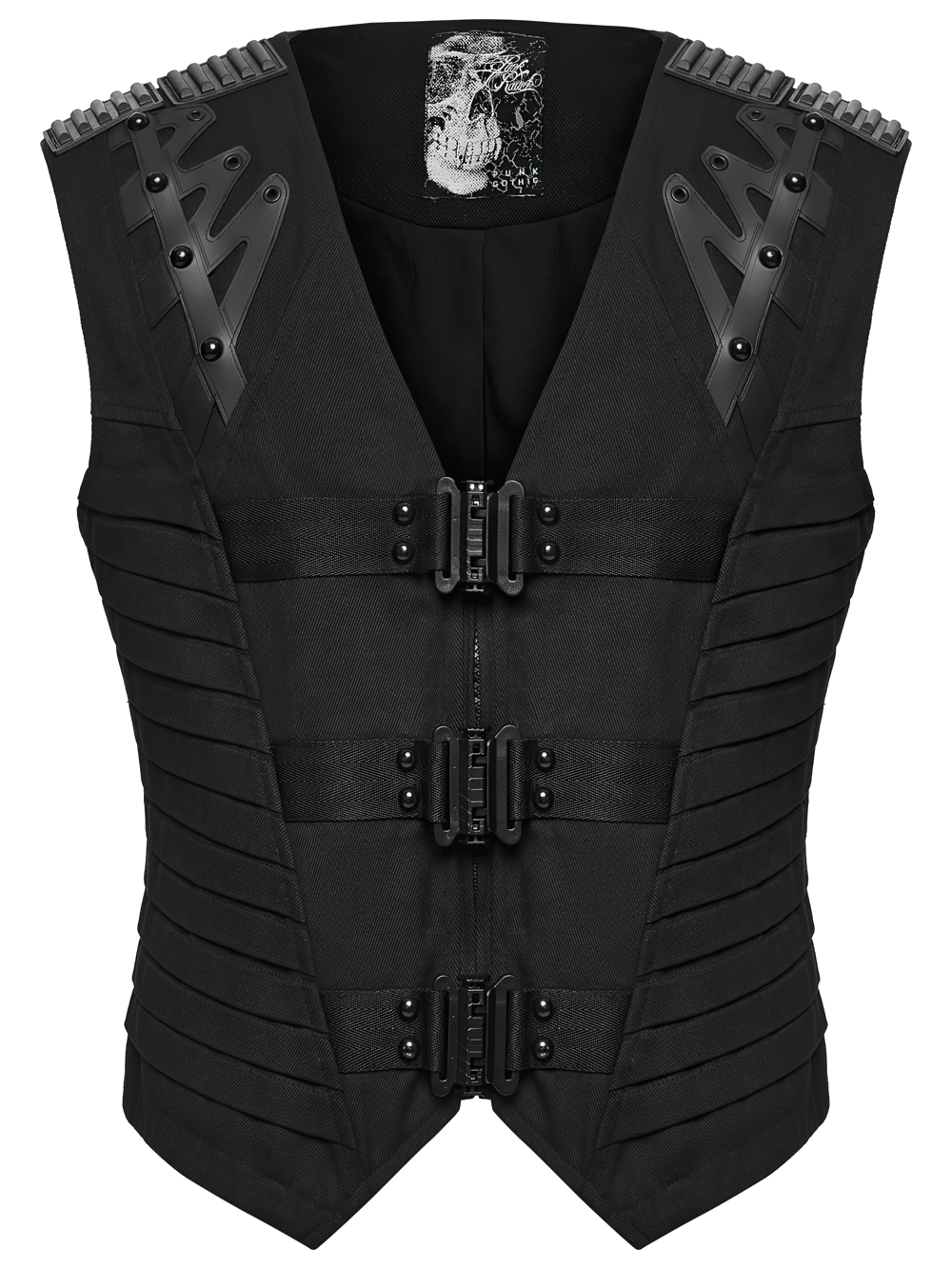 Gothic Punk Warrior Vest with Armor Shoulder Details, black industrial vest with buckles, zip front, and sculpted twill panels