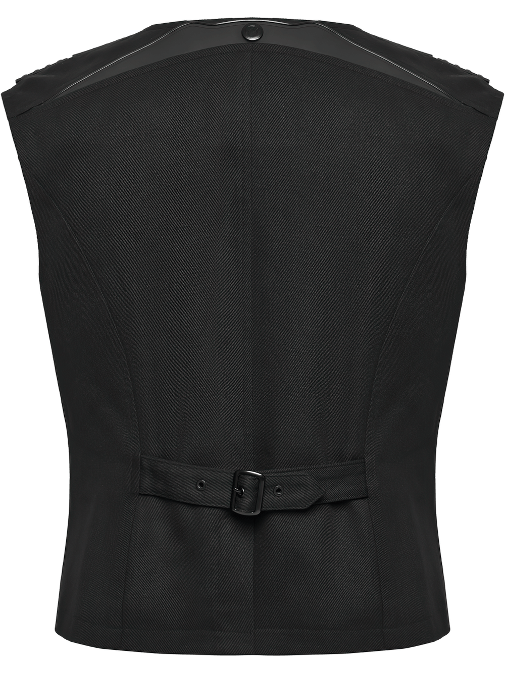 Gothic Punk Warrior Vest with Armor Shoulder Details, black structured twill vest with rear buckle and gothic punk edge