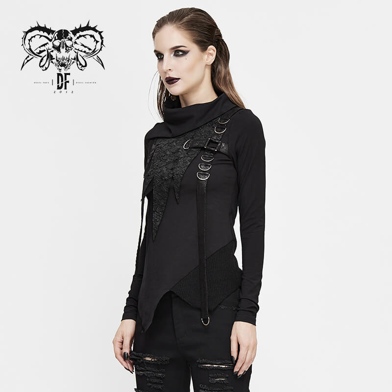 Gothic Punk Women's Black High Neck Collar Sleeve Irregular Sweatshirt / Stylish Ladies Warm Tunics - HARD'N'HEAVY