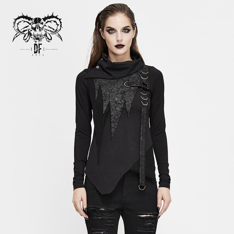 Gothic Punk Women's Black High Neck Collar Sleeve Irregular Sweatshirt / Stylish Ladies Warm Tunics - HARD'N'HEAVY