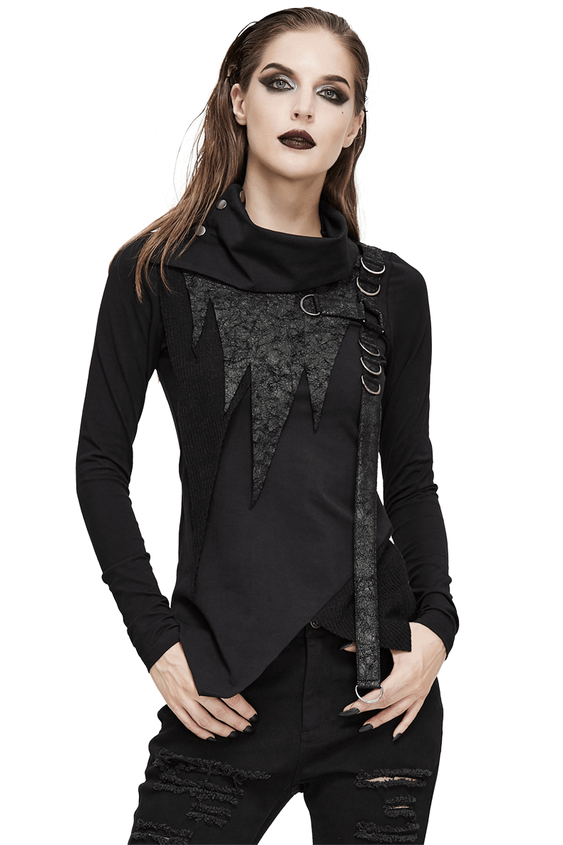 Gothic Punk Women's Black High Neck Collar Sleeve Irregular Sweatshirt / Stylish Ladies Warm Tunics - HARD'N'HEAVY