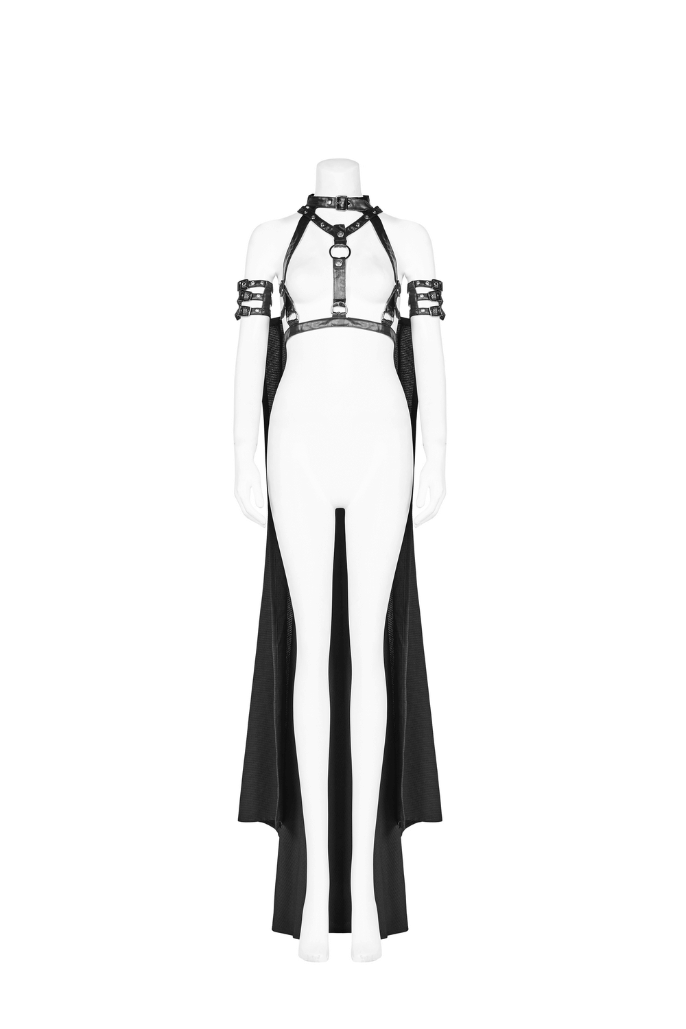 Gothic Punk Women's Chain-Linked Striped Cape showcasing dramatic design with buckles and flowing fabric.
