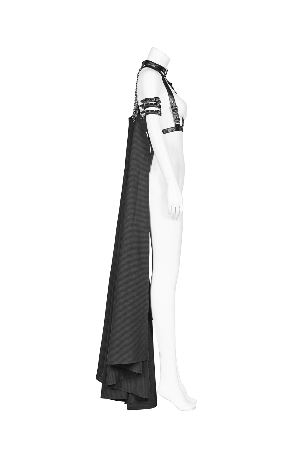 Gothic punk women's striped cape with chain and buckles, showcasing edgy fashion for bold individuals.