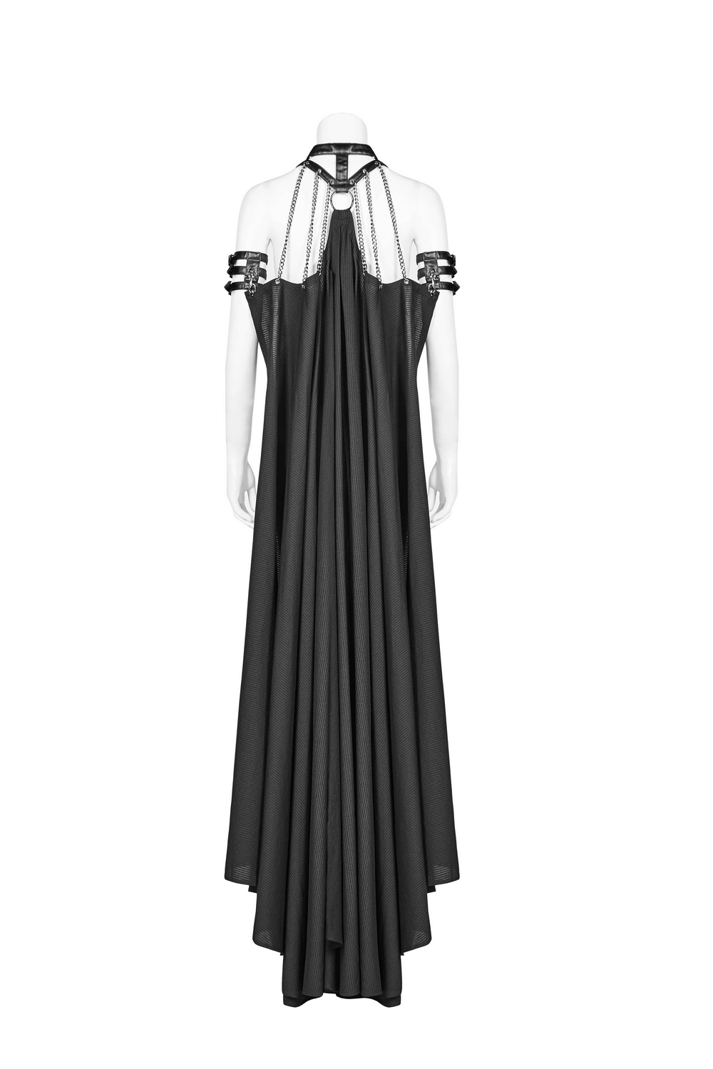 Gothic Punk Women's Chain-Linked Striped Cape showcasing dramatic draping and edgy buckles.