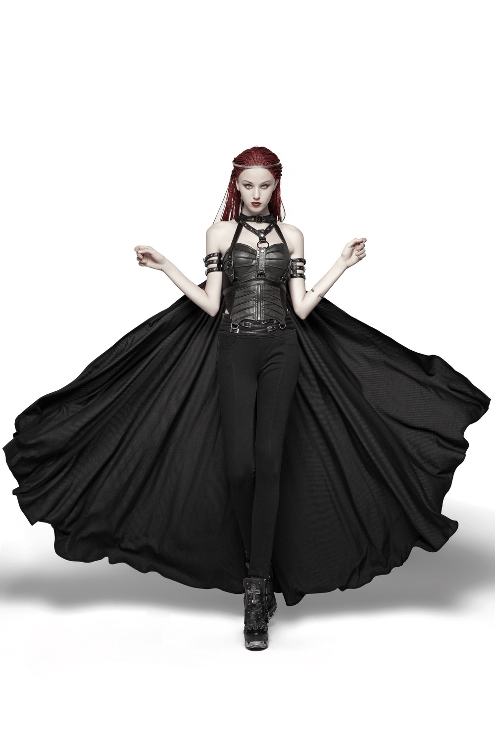 Gothic punk women's chain-linked striped cape showcasing dramatic black design and edgy buckles for a bold statement.