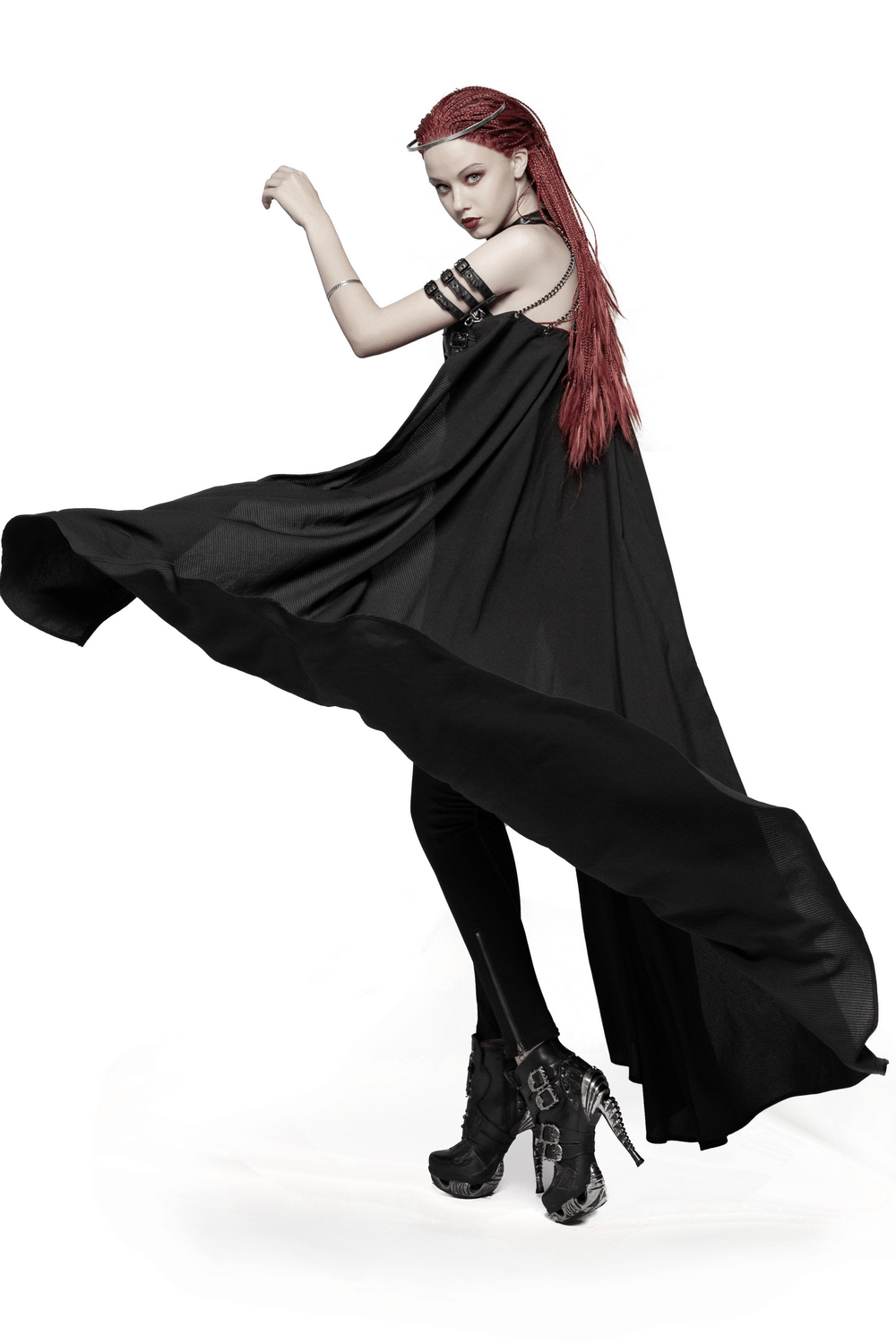 Gothic punk women's chain-linked striped cape with dramatic flair and metal buckles, ideal for a bold, edgy look.