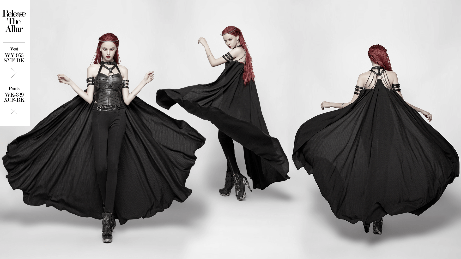 Gothic punk women's chain-linked striped cape with dramatic flow and edgy details, perfect for bold fashion statements.