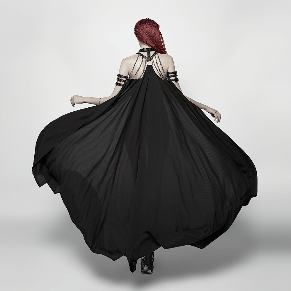 Stylish Gothic Punk Women's Chain-Linked Striped Cape, featuring dramatic flowing fabric and edgy buckle details.