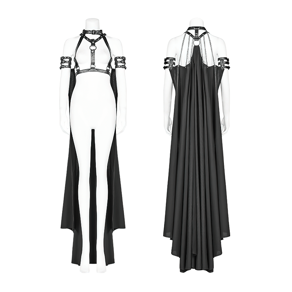 Gothic punk women's chain-linked striped cape featuring buckle accents and dramatic collar.