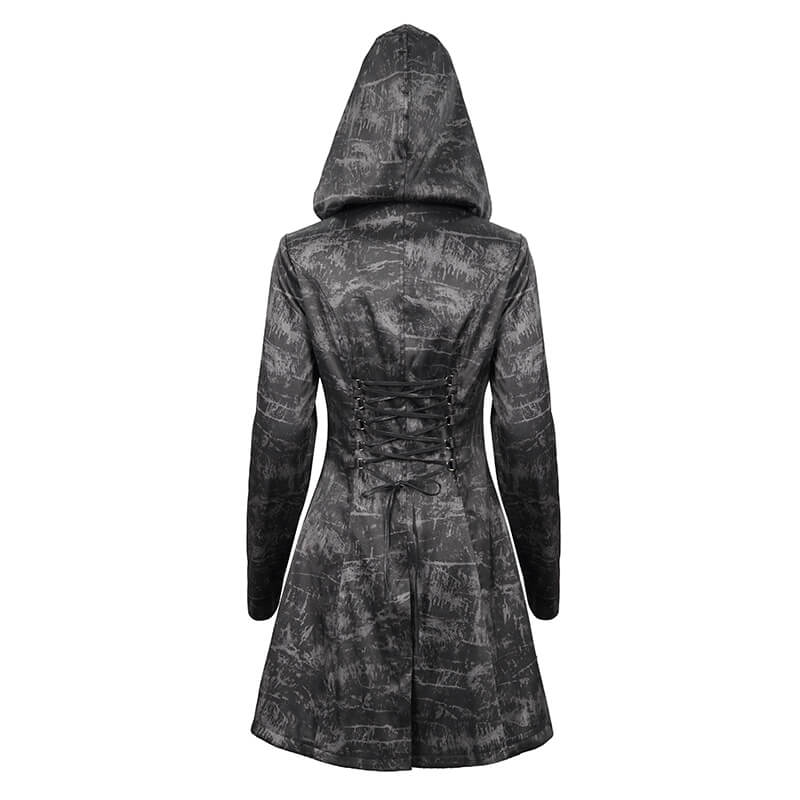 Gothic punk women's hooded long coat featuring laced back design and stylish black fabric.