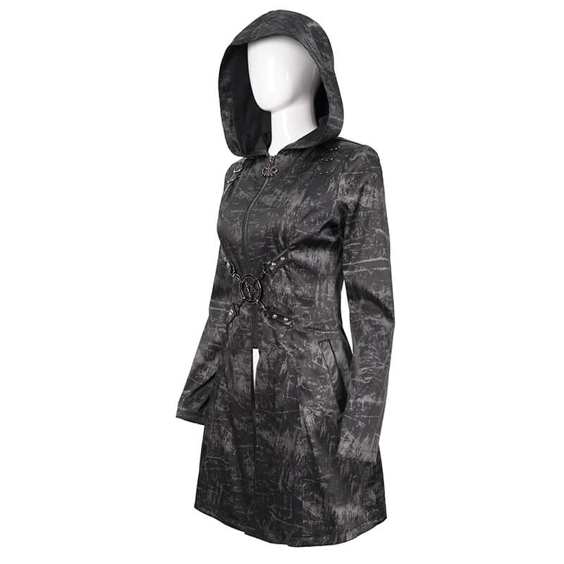 Gothic punk women's hooded long coat with zipper and stylish cross buckle belts in black.