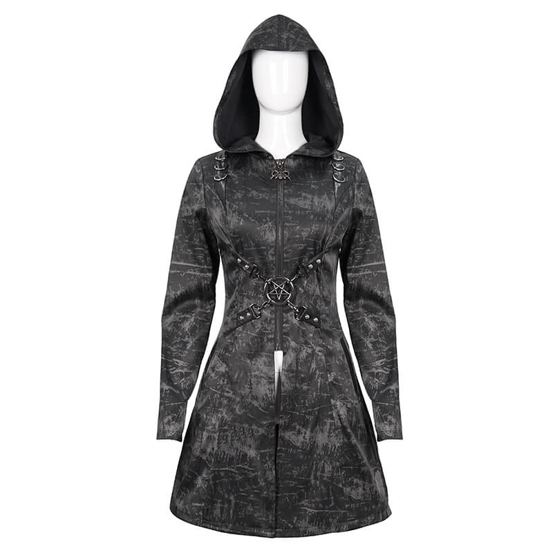 Gothic Punk Women's Hooded Long Coat with Zipper / Stylish Coat With Cross Buckle Belts & Pentagram - HARD'N'HEAVY