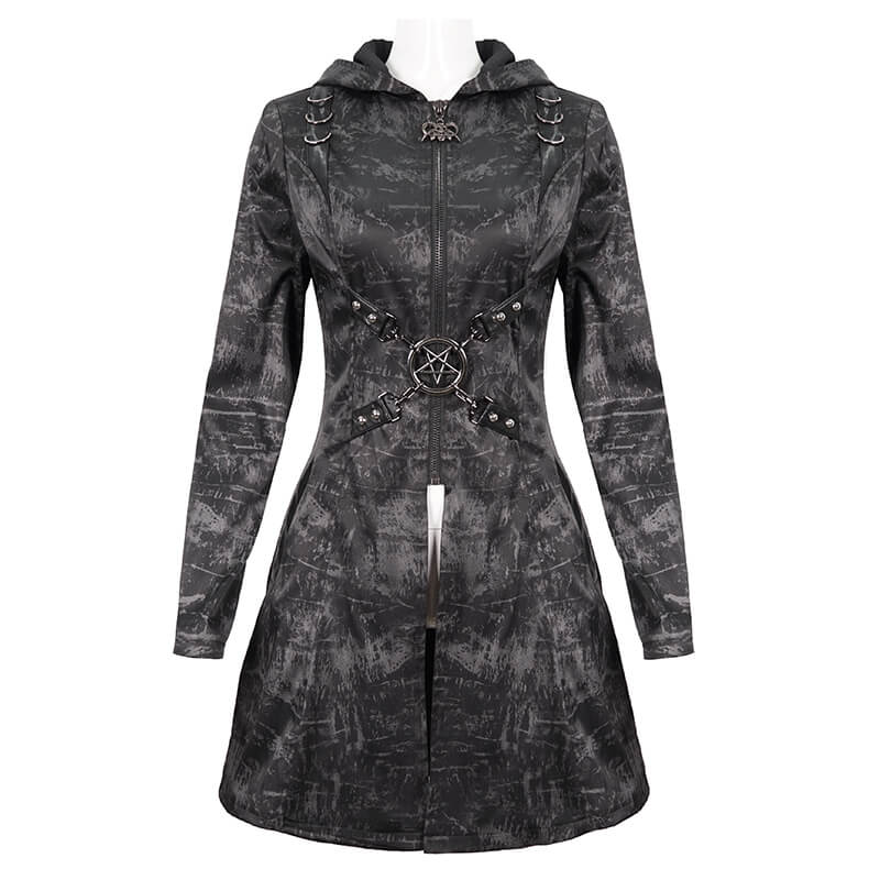 Gothic punk women's hooded long coat with zipper and pentagram decor, perfect for stylish outfits.