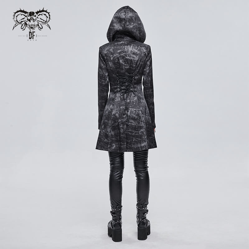 Gothic Punk Women's Hooded Long Coat with Zipper / Stylish Coat With Cross Buckle Belts & Pentagram - HARD'N'HEAVY