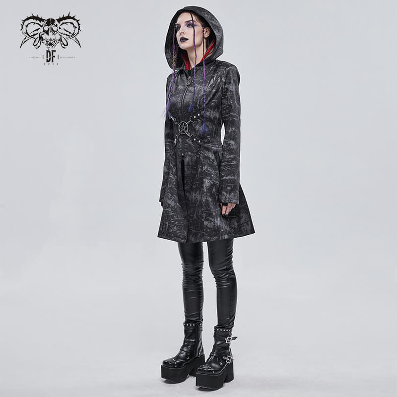 Gothic punk women's hooded long coat with zipper and stylish cross buckle belt, perfect for edgy outfits.