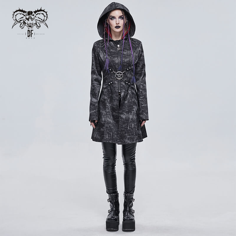 Gothic punk women's hooded long coat featuring zipper and cross buckle belts, perfect for stylish outfits.