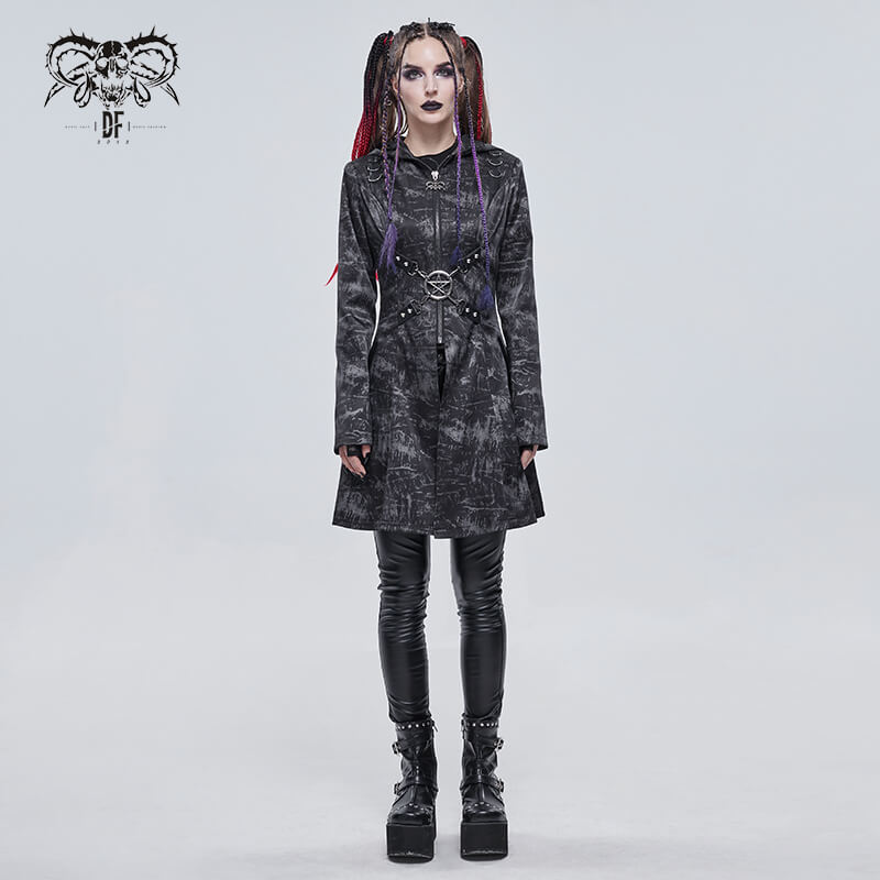 Gothic punk women's hooded long coat with zipper, stylish with cross buckles and pentagram detail, perfect for edgy outfits.