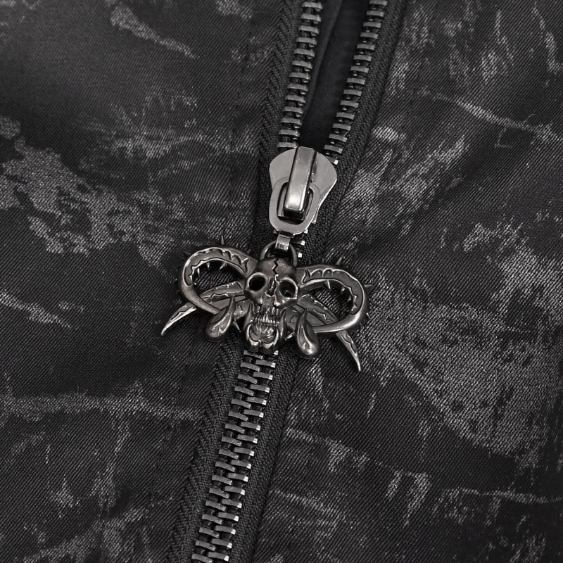 Close-up of a stylish zipper pull featuring a skull and ram horns on a black textured fabric.