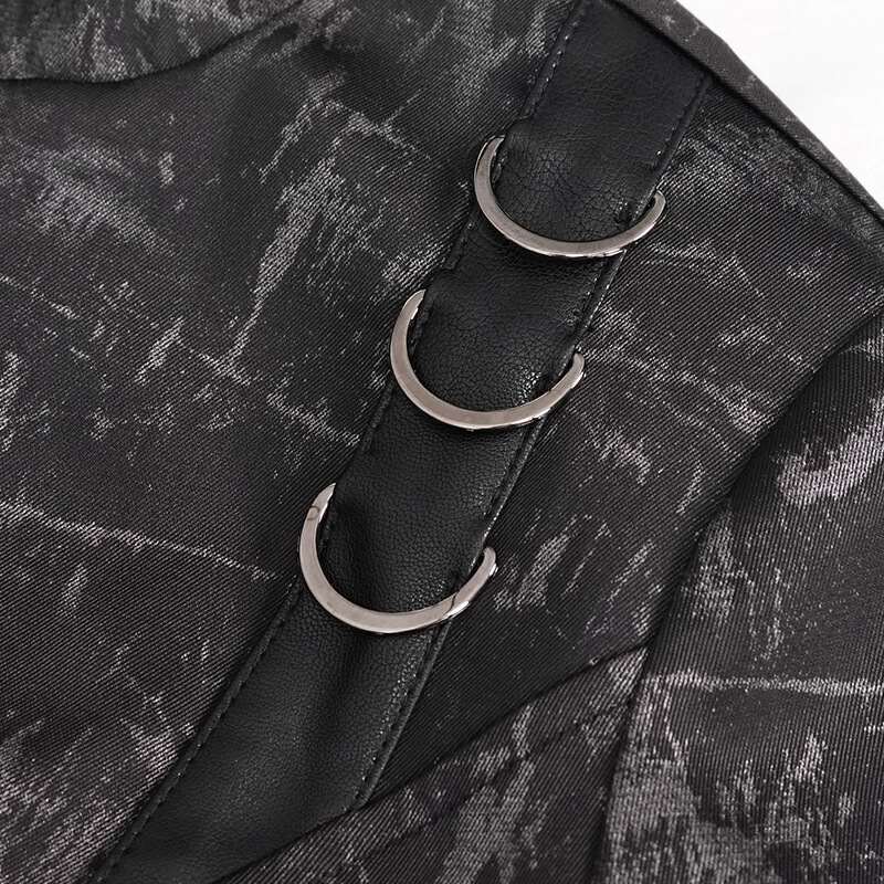Close-up of the Gothic punk coat showcasing stylish cross buckle belts and unique fabric texture.