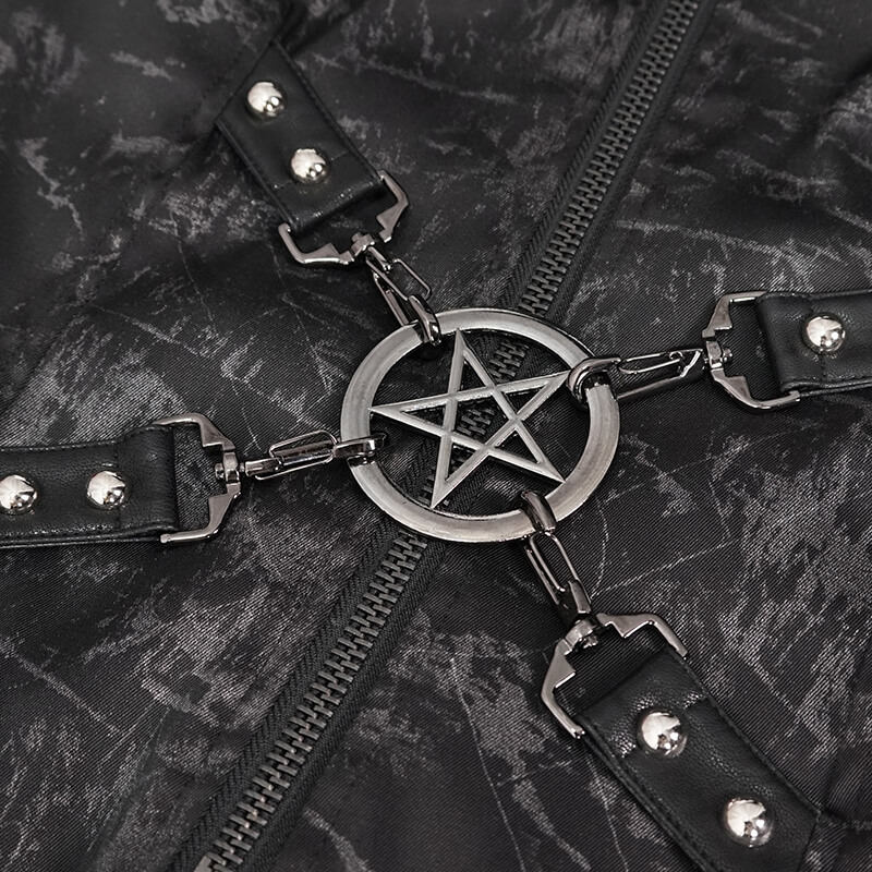 Close-up of a pentagram design with cross buckle belts and zipper detail on a gothic punk coat.