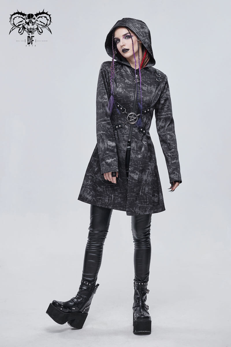 Gothic punk women's hooded long coat with cross buckle belts and pentagram, stylish and edgy fashion statement.