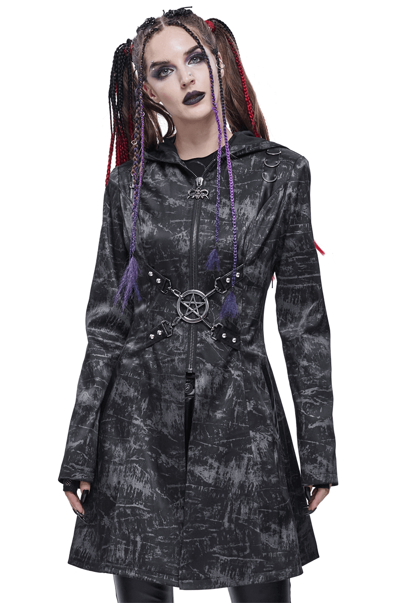 Gothic punk women's hooded long coat with zipper, cross buckle belts, and pentagram design.