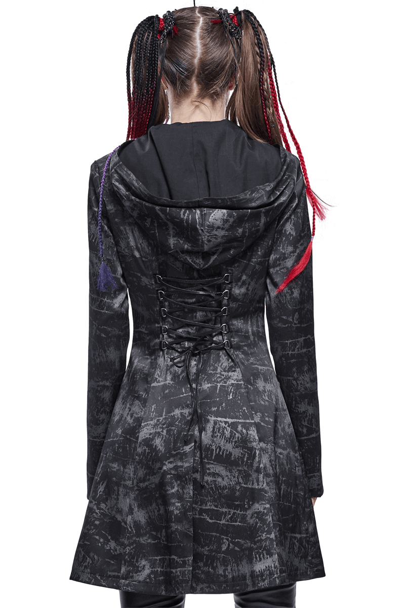 Gothic Punk Women's Hooded Long Coat with Zipper / Stylish Coat With Cross Buckle Belts & Pentagram - HARD'N'HEAVY