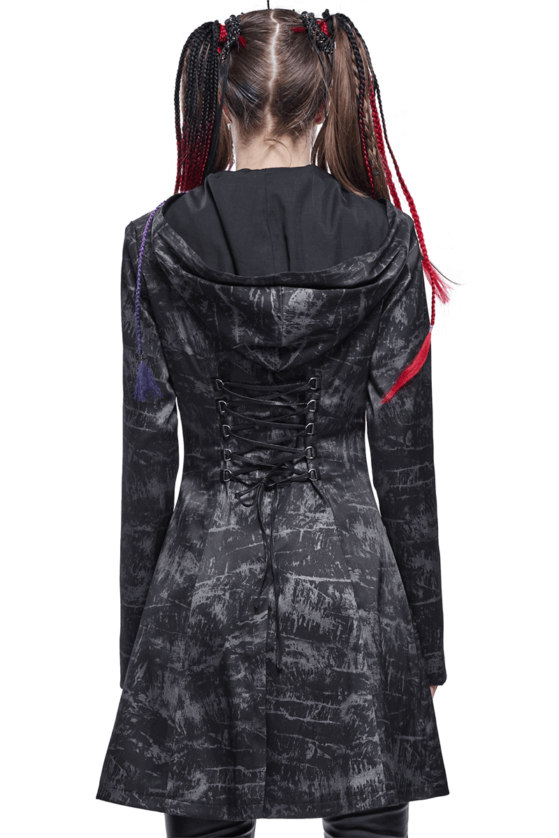 Back view of a gothic punk women's hooded long coat with lace-up detail and stylish design in black.
