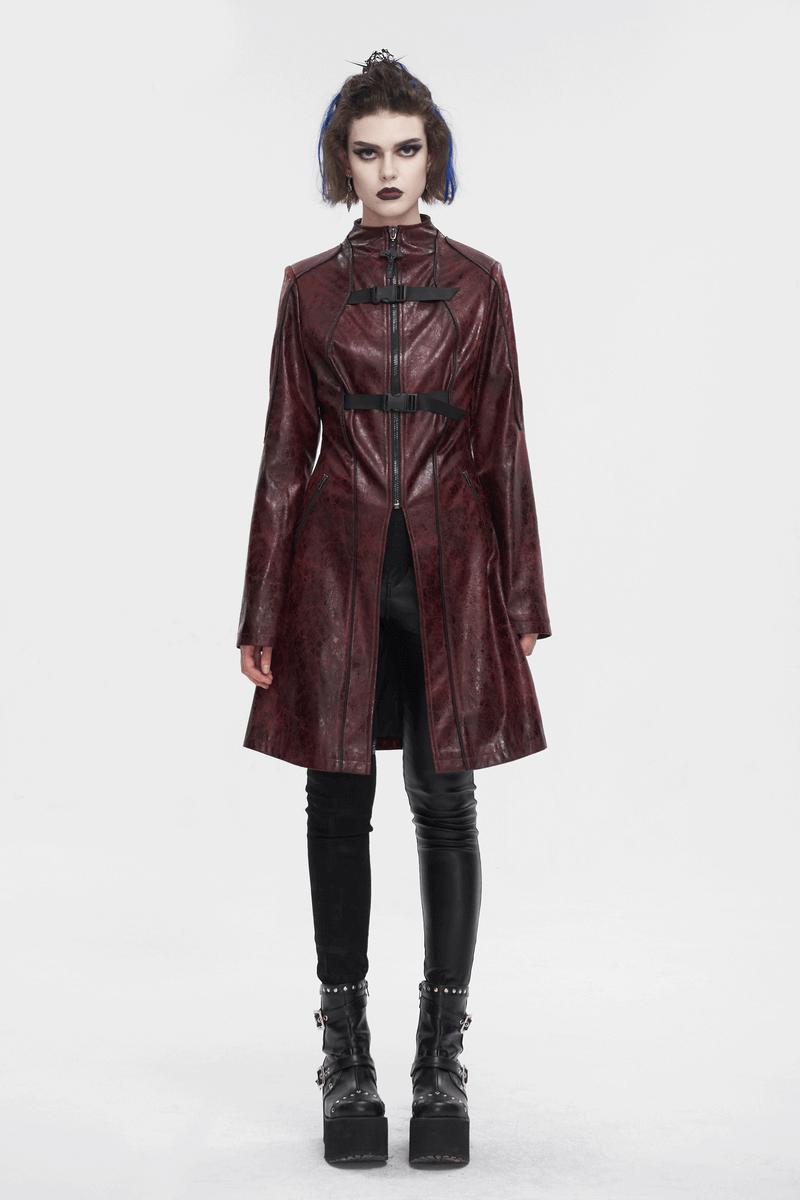 Gothic Punk Zipper Faux Leather Mid-Length Coat With Double Buckles