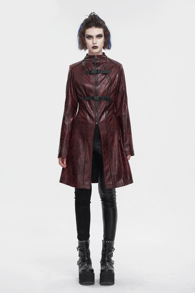 Gothic punk mid-length faux leather coat with zipper and double buckles, designed for bold fashionistas.