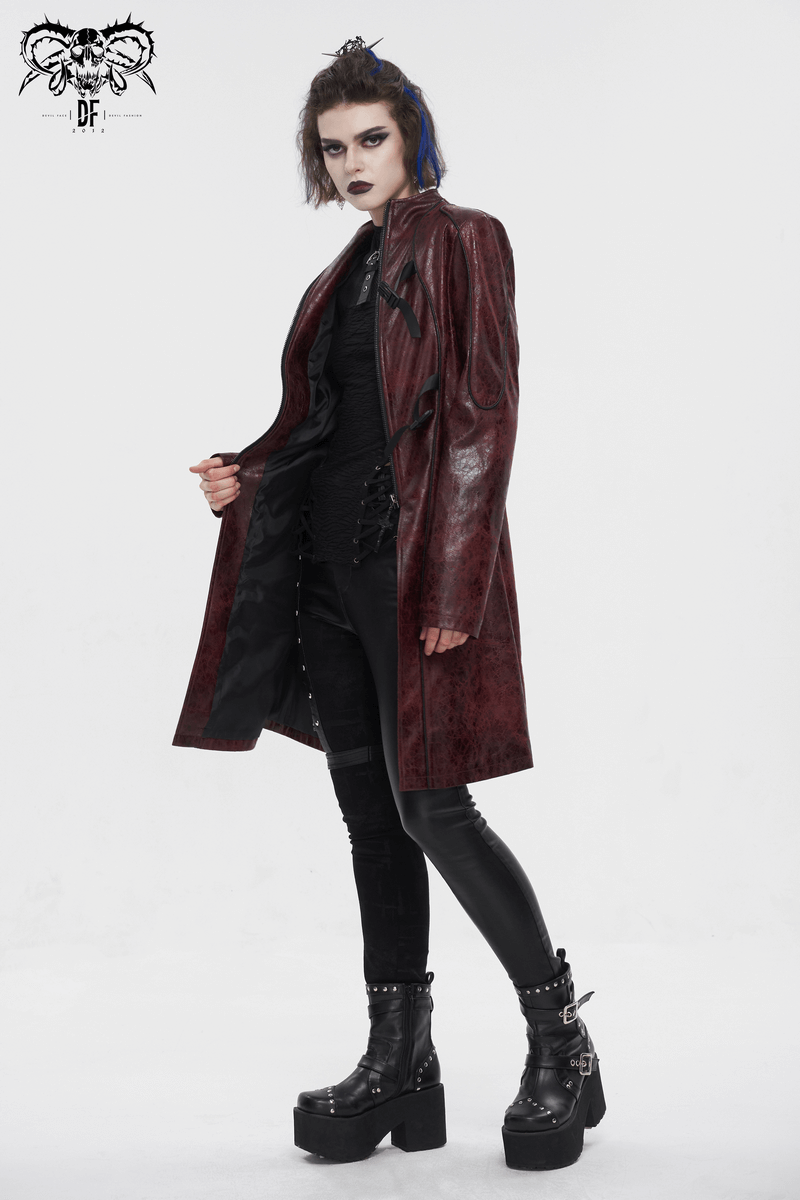 Gothic Punk Zipper Faux Leather Mid-Length Coat With Double Buckles - HARD'N'HEAVY