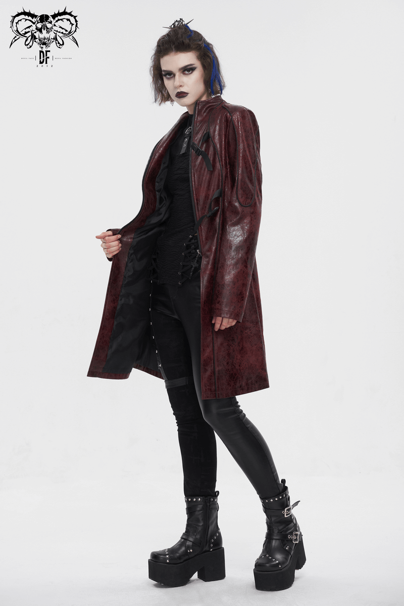 Gothic punk mid-length faux leather coat in burgundy, zippers, double buckles, edgy look with stylish black ensemble.