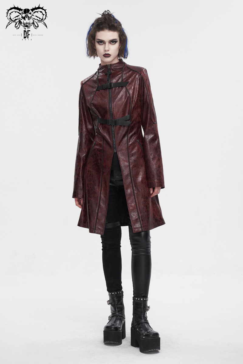 Gothic punk mid-length faux leather coat with double buckles, showcasing edgy style and rebellious fashion.
