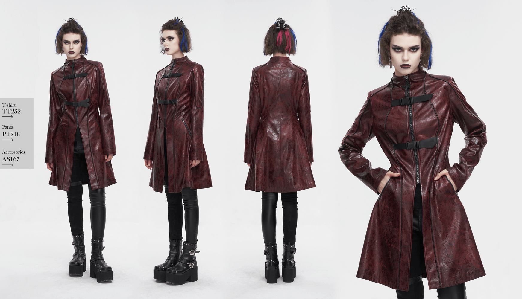 Gothic punk mid-length faux leather coat with double buckles, bold zippered front, perfect for edgy street style.