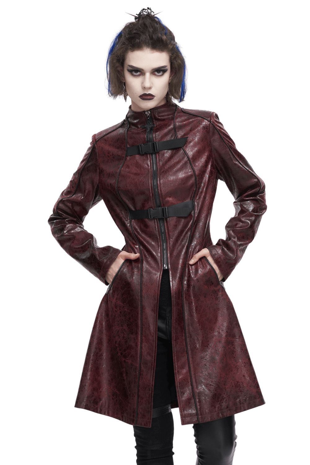 Gothic punk mid-length faux leather coat with double buckles and zipper, perfect for an edgy, rebellious look.