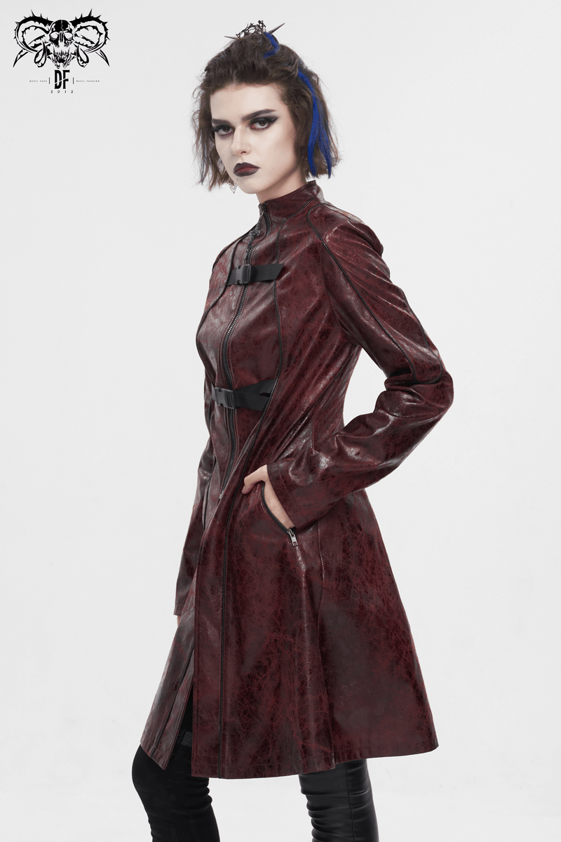 Gothic punk mid-length faux leather coat with double buckles, showcasing edgy style and bold design.