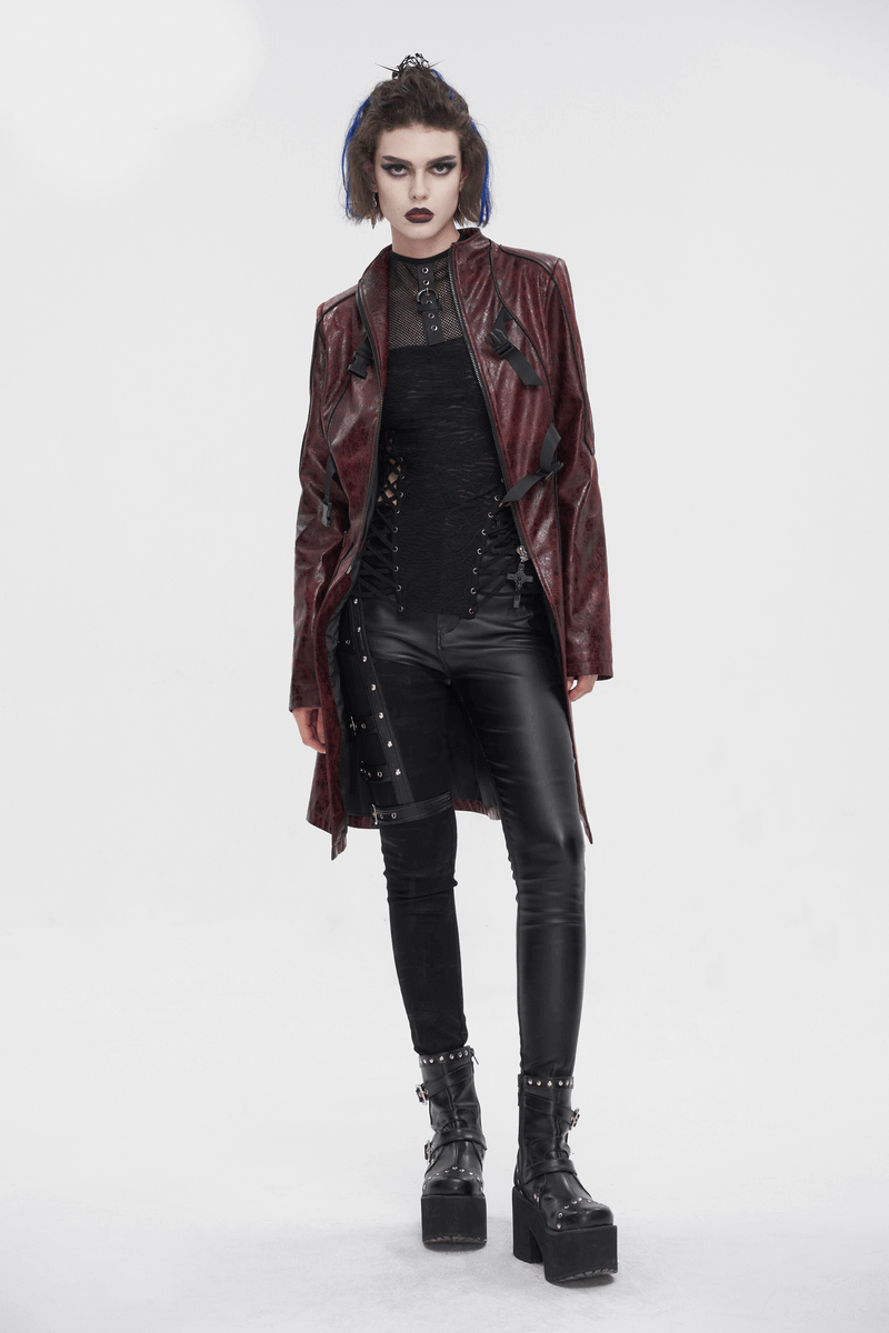 Gothic Punk Zipper Faux Leather Mid-Length Coat With Double Buckles