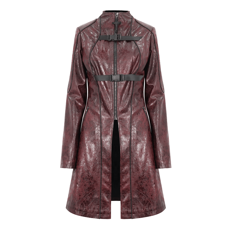 Gothic Punk Zipper Faux Leather Mid-Length Coat With Double Buckles - HARD'N'HEAVY